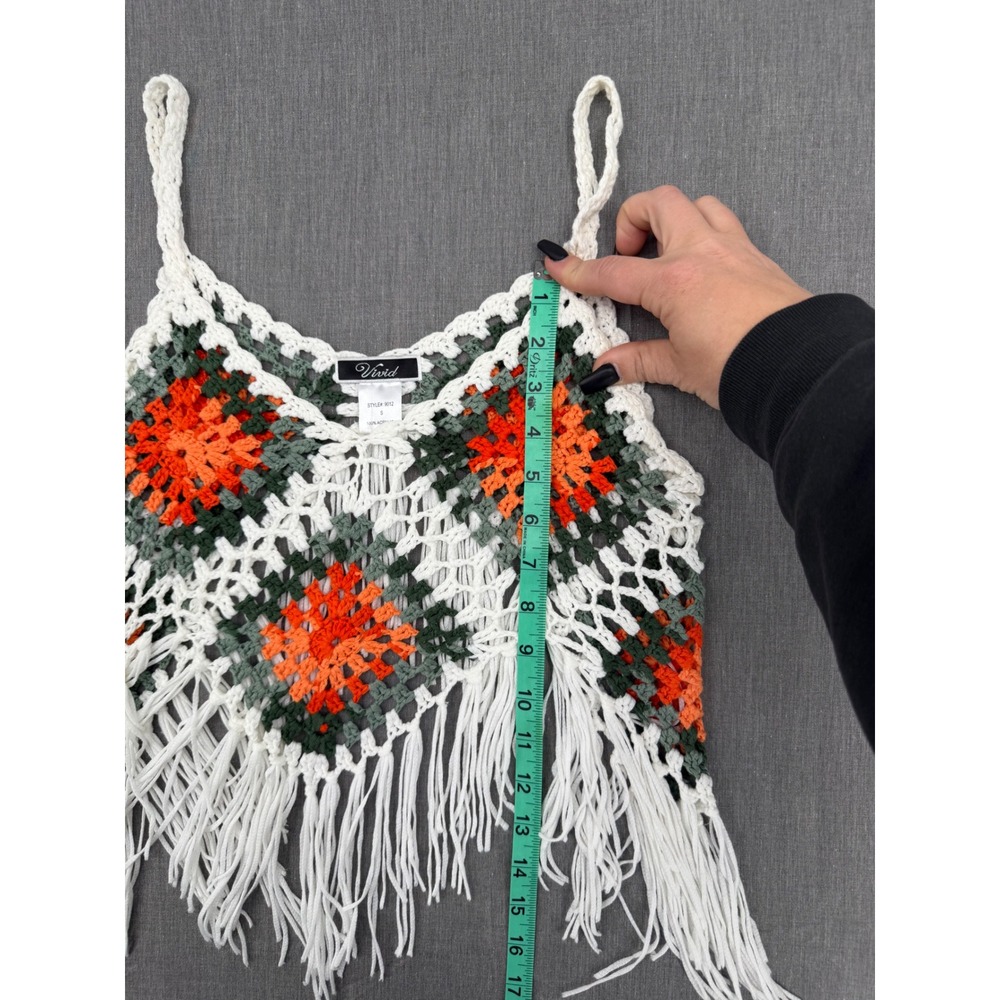 Vivid Womens Small‎ Crochet Granny Square Fringe Crop Top Orange Green Boho - Picture 7 of 8